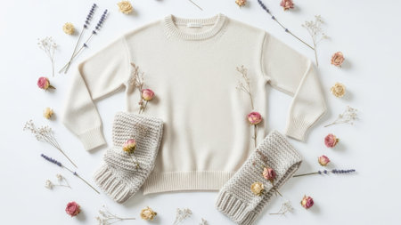 A light-colored knitted sweater with delicate floral accents on the sleeves, surrounded by dried flowers and stems, creating a serene and elegant atmosphere. The sweater appears soft and comfortable, perfect for a casual yet stylish look.の素材