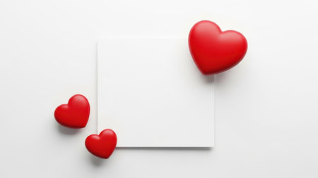 The image features three red hearts floating in the air near a white card. The hearts are of different sizes, with the largest heart positioned to the right and the two smaller ones to the left. The white card is placed horizontally in the center of the image, creating a balanced composition. The background is a plain white surface, which accentuates the vibrant red color of the hearts and the stark white of the card.の素材