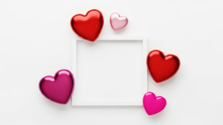 This image features a white square frame in the center, surrounded by five hearts of various colors. The hearts are vibrant and glossy, adding a sense of warmth and love to the composition. The colors of the hearts include red, pink, and purple, creating a visually appealing contrast against the white background.の素材