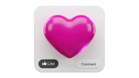 This image features a vibrant, three-dimensional pink heart icon set against a light background. The heart is centrally placed within a rounded square frame. Below the heart, there are two interactive buttons labeled 'Like' and 'Comment' suggesting a social media context.の素材
