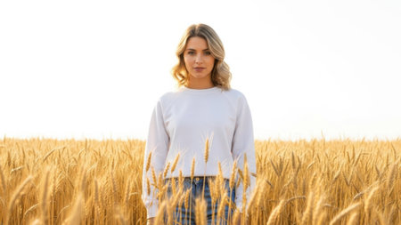 A woman with blonde hair stands in a vast wheat field under a clear sky. She is wearing a light blue long-sleeve shirt and blue jeans. The golden wheat surrounds her, creating a serene and picturesque scene.の素材