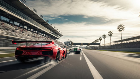 A dynamic scene of a high-speed car race on a sunny day. Multiple race cars, including a prominent red car, are speeding along a well-maintained track. Spectator stands are visible in the background, lined with palm trees, suggesting a warm, tropical location. The sky is partly cloudy, adding to the vibrant atmosphere of the race.の素材