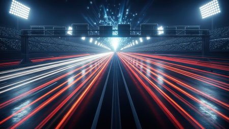 A vivid long-exposure photograph captures the thrilling motion of a night race. The image showcases the streaks of red and white lights from the racing cars, creating a mesmerizing pattern against the dark backdrop of the track. The bright stadium lights illuminate the scene, adding to the dramatic atmosphere of the event.の素材