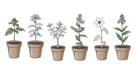 A collection of six potted plants, each with unique foliage and flowering structures, presented on a clean white background.の素材