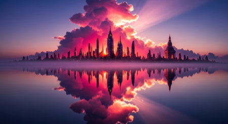 A vibrant city skyline is silhouetted against a dramatic sunset, with hues of red and orange painting the sky. The city's buildings are reflected perfectly in the calm water below, creating a symmetrical and tranquil scene. The sky is adorned with wispy clouds that add to the ethereal beauty of the moment.の素材