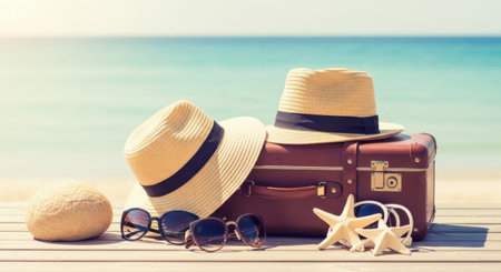 A collection of beach vacation essentials laid out on a wooden surface near the shore. The items include two straw hats, a pair of sunglasses, a coconut, a starfish, and a vintage red suitcase. The backdrop features a serene beach with clear blue water and a sandy shore.の素材