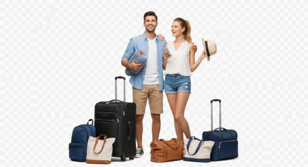 A young couple stands together, smiling, with various pieces of travel luggage around them. The man holds a book and wears a blue shirt with khaki shorts, while the woman holds a hat and wears a white top with denim shorts. There are multiple suitcases, a duffel bag, and a backpack visible, suggesting they are preparing for a trip or have just returned from one.の素材