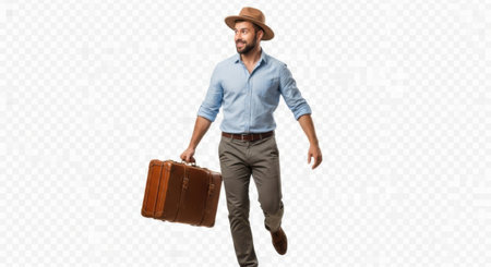 A man wearing a hat and casual attire is holding a vintage suitcase. He appears to be in motion, possibly traveling or embarking on a journey. The image has a simple, clean background that puts the focus on the man and his suitcase.の素材