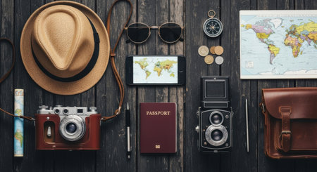 This image showcases a collection of essential travel items laid out on a wooden surface. The items include a straw hat, a pair of sunglasses, a compass, a map, coins, a tablet displaying a map, a vintage camera, a passport, a vintage camera with a leather case, and a leather bag. These items symbolize preparation and excitement for a journey around the world.の素材
