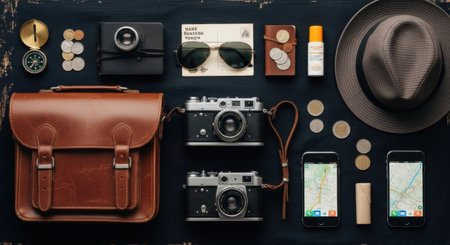 This image showcases a collection of essential travel accessories neatly arranged on a dark background. The items include a brown leather bag, a vintage camera, a pair of sunglasses, a hat, a compass, coins, a camera lens, a smartphone, a map, sunscreen, and a passport. Each item is carefully placed, highlighting their importance for a well-prepared journey.の素材