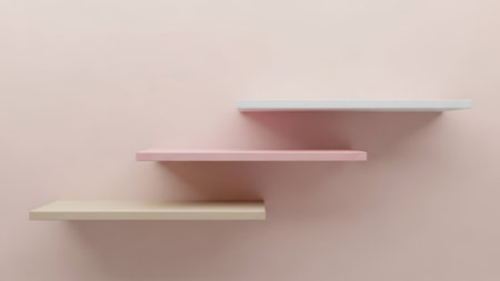3d rendered bookshelves with pastel pink wall background.の素材