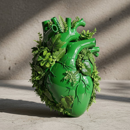 This image features a unique, heart-shaped planter crafted in a vibrant green hue. The planter is adorned with a variety of lush, green plants and foliage, creating a striking contrast against the neutral background. The intricate design of the planter mimics the natural contours of a heart, adding an artistic and whimsical touch to the scene. The overall composition exudes a sense of freshness and vitality, making it an appealing decorative piece for any setting.の素材