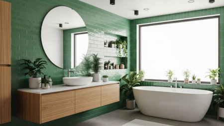 This image depicts a stylish and contemporary bathroom featuring a harmonious blend of green and wooden elements. The room includes a large round mirror above a floating wooden vanity with a white countertop. The vanity is accompanied by two vessel sinks. The walls are adorned with green tiles, and the space is brightened by natural light from a large window. Several potted plants are strategically placed around the room, adding a touch of nature. A freestanding white bathtub is positioned near the window, creating a serene and relaxing atmosphere.の素材