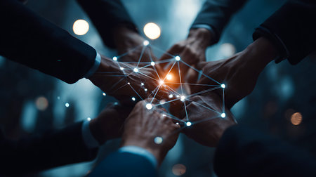 Diverse group of hands connecting in a network of light symbolizing unity and collaborationの写真素材