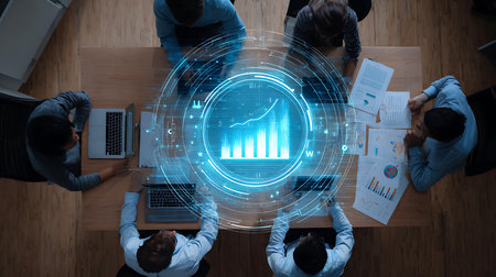 Team collaborating on a digital financial growth chart with futuristic overlay