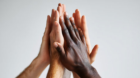 Diverse hands reaching upward in unity and celebrationの写真素材