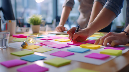 Team brainstorming and planning with colorful sticky notes on a desk