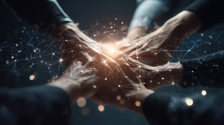 Teamwork and collaboration with glowing energy and digital connectionsの写真素材