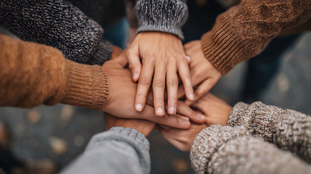 Diverse group of people joining hands in a circle of unity and support