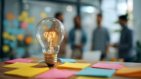 Illuminated lightbulb on a desk with colorful sticky notes and blurred team in the background