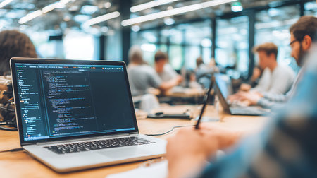 Programmer working on laptop with code in modern office environment
