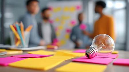 Diverse team collaborating on a project with sticky notes and a lightbulb