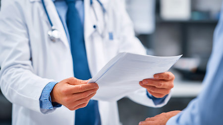 Doctor discussing medical results with patient in clinicの写真素材