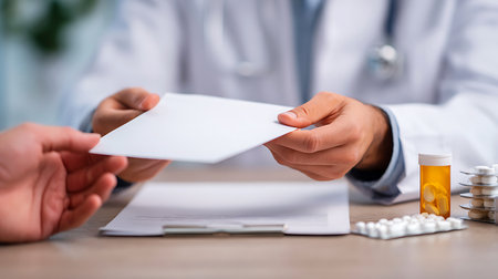 Doctor hands patient a prescription with medication on the desk