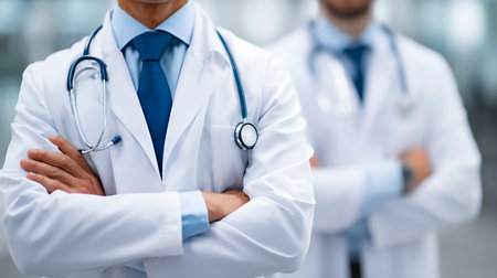 Two doctors in white coats with stethoscopes standing with arms crossedの写真素材