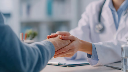 Doctor holding patient s hand offering comfort and support during medical consultation