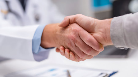 Doctor and patient shaking hands in a medical officeの写真素材