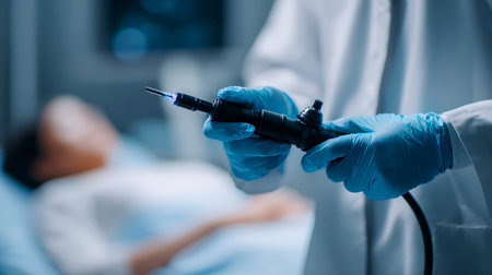 Doctor performing endoscopy procedure on patient in hospital