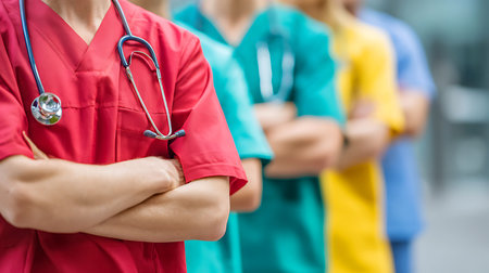 Diverse group of medical professionals in scrubs standing together with arms crossed