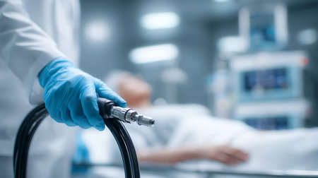 Doctor in blue gloves holding medical equipment in a hospital setting