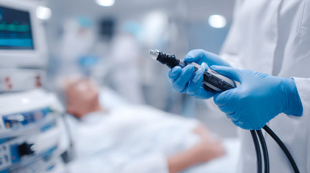 Doctor holding medical equipment in hospital operating room with patient in backgroundの写真素材