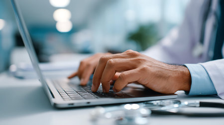Doctor typing on a laptop computer in a modern medical officeの写真素材