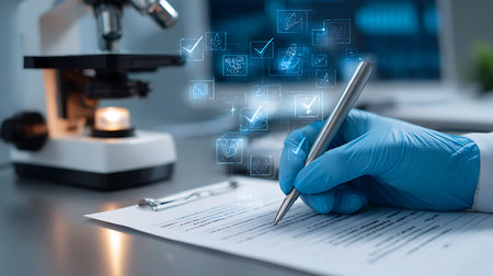 Scientist in blue gloves writing notes next to a microscope in a laboratory