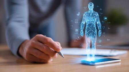 Person interacting with futuristic holographic human body scan on desk