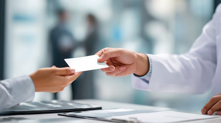 Doctor hands exchanging a blank business card in a medical setting