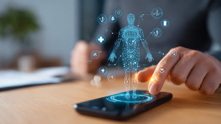Person interacting with a futuristic holographic medical scan of a human body on a smartphone