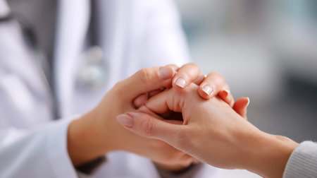 Doctor holding patient s hand showing care and compassionの写真素材