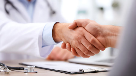 Doctor and patient shaking hands at desk with stethoscope and paperworkの写真素材