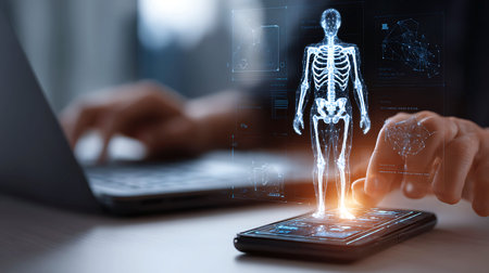 Futuristic medical technology displaying human anatomy hologram on smartphone
