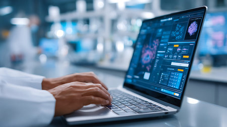 Scientist working on advanced medical technology laptop with holographic display