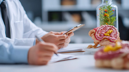 Doctor using smartphone with brain model and herbs