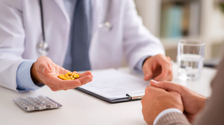 Doctor giving pills to patient in a medical consultationの写真素材