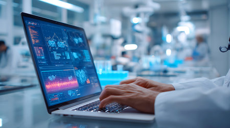Scientist using advanced technology laptop with futuristic interface in laboratoryの写真素材