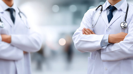 Two doctors in white coats with stethoscopes crossed arms in a hospital hallwayの写真素材