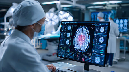 Doctor analyzing brain scan on advanced medical display in operating room