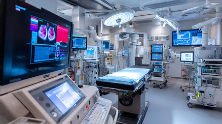 Modern operating room with advanced medical technology and patient bed